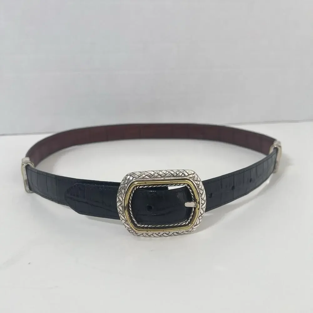Brighton Reversible Black Brown Leather Croc Belt Size 32 Silver Gold Buckle